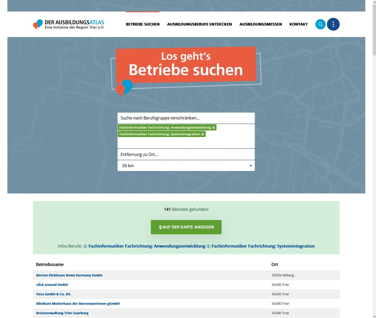 sven_s8's tweet photo. Redesign des #Ausbildungsatlas der Region #Trier von der @IHKTrier und @hwktrier 
Zur Zeit gibt es hier z.B. 141 Ausbildungsbetriebe für #Fachinformatiker made with #OpenSpource #leaflet #postgis @Stadt_Trier 
 https://t.co/LmiE8B2MmK 
Auch als Webgis: https://t.co/BR4JDIzx6W https://t.co/UZJpSKRmjx