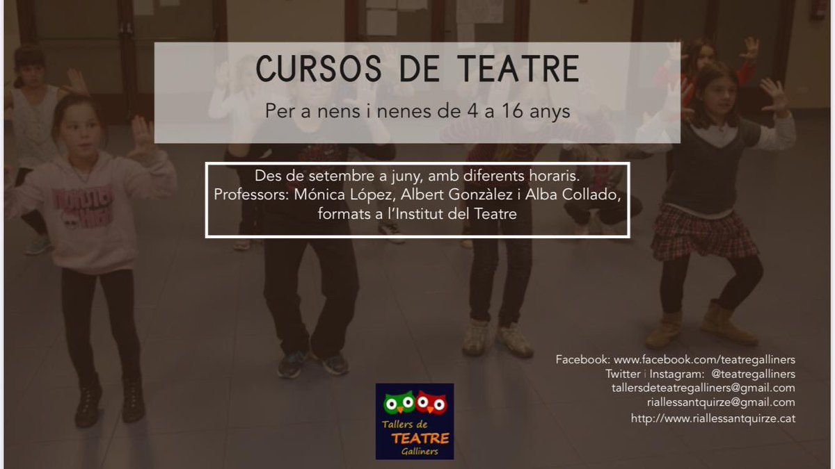 📣  Cursos de teatre per a nens i nenes de 4 a 16 anys a Sant Quirze!  
Reserveu la vostra plaça! 👉 forms.gle/8b5HzTszEUBiMv…