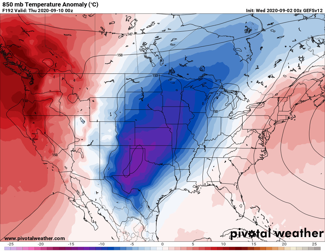 TxStormChasers's tweet image. Popping ahead about a week because its after 2 AM, so why not?

Mama Nature seems to be trying to send us a October-like cold front around September 8-9. We're talking one of those 'temperatures drop 35+ degrees' fronts. We'll have to wait to see, but fall may be around the bend.