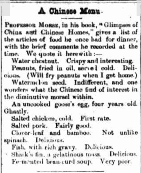 Because all roads lead to Trove, here's a 1903 article on a white guy's impressions of Chinese food. "One wonders what the Chinese find of interest in the diminutive morsel within," this sinologist says of watermelon seeds. He also calls century eggs "ghastly"!  @TroveAustralia