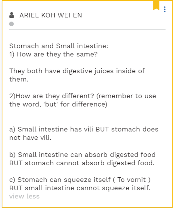 Kowbx2's tweet photo. Tried Differentiated Instruction by Product in my lesson with P3 Science last week. I'm surprised by the in depth ans provided by the 9 year olds! 

Task 1: Compare and contrast 2 organs in the digestive system. Write down the similarities and differences. https://t.co/VpBZy5fuNr