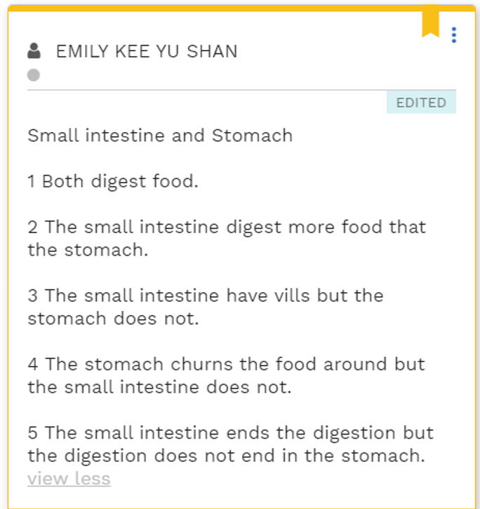Kowbx2's tweet photo. Tried Differentiated Instruction by Product in my lesson with P3 Science last week. I'm surprised by the in depth ans provided by the 9 year olds! 

Task 1: Compare and contrast 2 organs in the digestive system. Write down the similarities and differences. https://t.co/VpBZy5fuNr