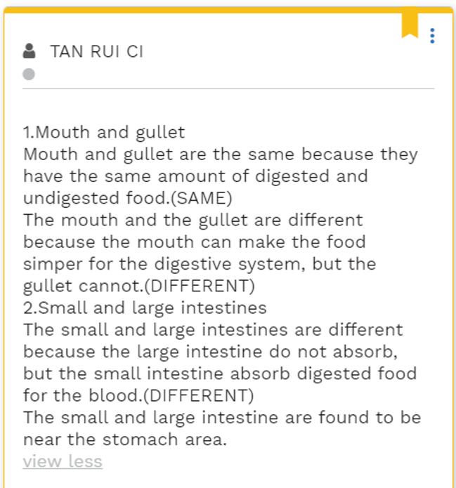 Kowbx2's tweet photo. Tried Differentiated Instruction by Product in my lesson with P3 Science last week. I'm surprised by the in depth ans provided by the 9 year olds! 

Task 1: Compare and contrast 2 organs in the digestive system. Write down the similarities and differences. https://t.co/VpBZy5fuNr