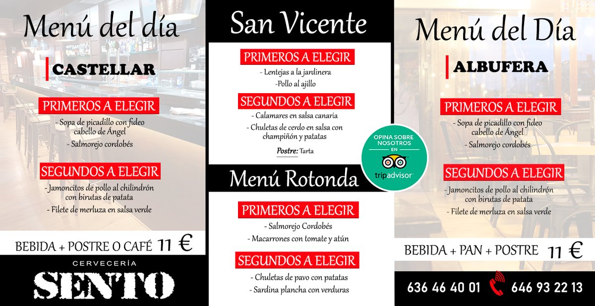➡ ¿Pensando dónde #comer? Hoy tenemos #menú del día en los Sento de San Vicente del Raspeig, #Albufera, Castellar en #Alicante y Rotonda 💪