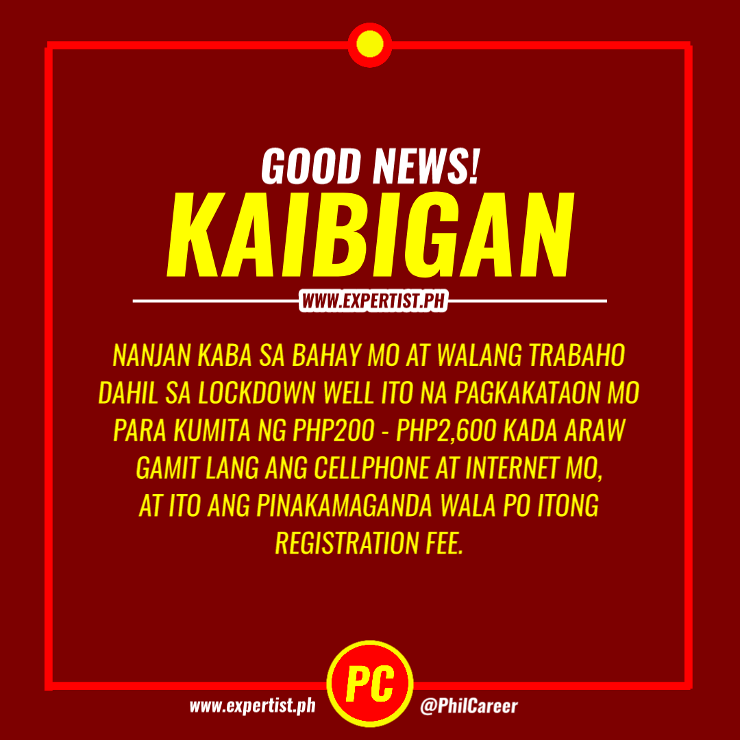 ExpertistPH's tweet photo. Good News, Kaibigan!
Nanjan kaba sa bahay mo at walang trabaho dahil sa lockdown, ito na pagkakataon mo para kumita ng PhP200 - PhP2,600 kada araw at ito pinakamaganda wala itong registration fee.
READ FULL: https://t.co/w8Tb9evNld
#ExpertistPh #GoPhToday https://t.co/8D6tA91tQ2