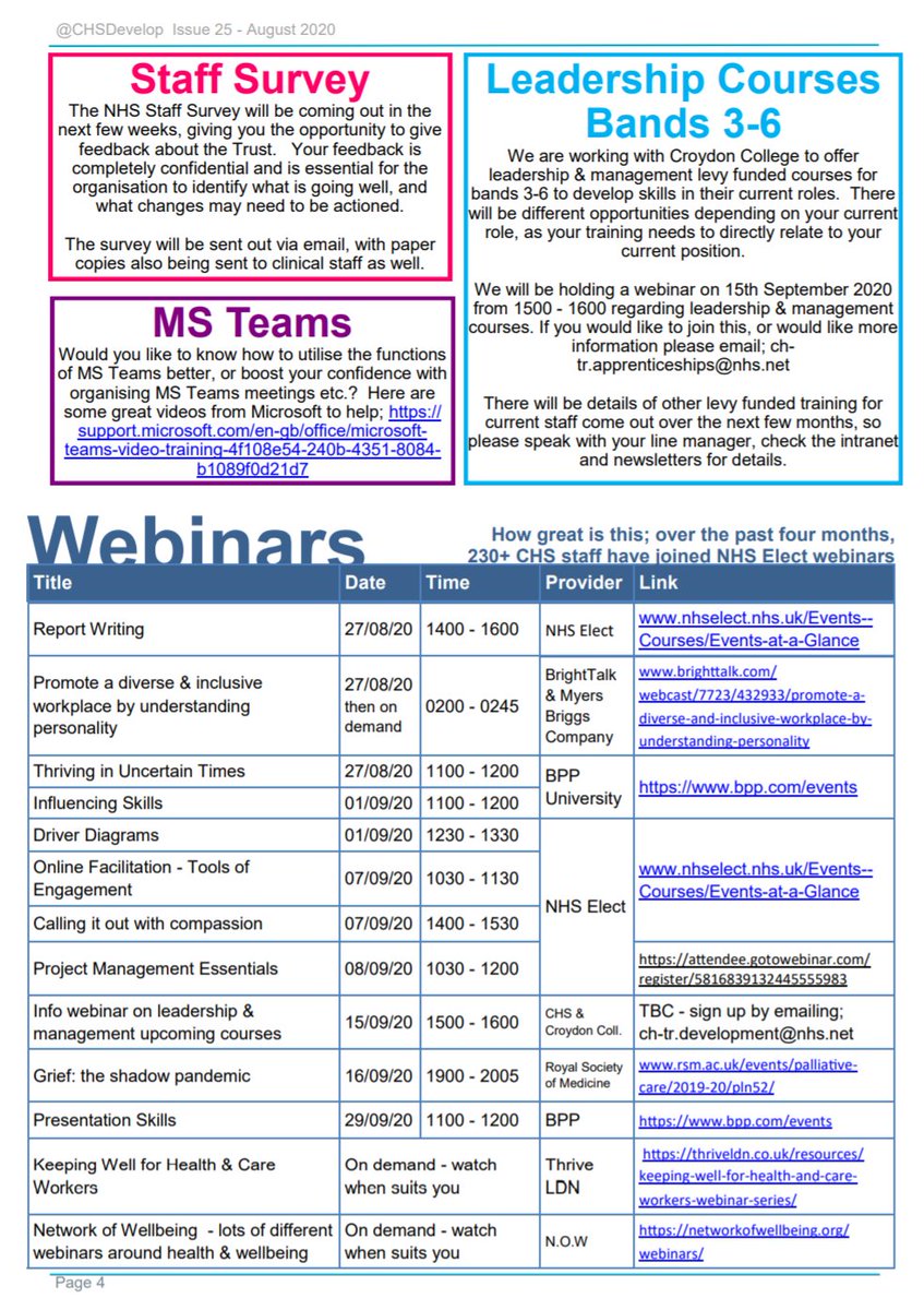 CHSDevelop's tweet photo. In case you haven't already seen it: the August newsletter featuring
@ThriveLDN #doingourbit @NHSEmployers @NetwrkWellbeing @HFMA_UK #ReverseMentoring @edXOnline @UniOfYork @UniofOxford  @CroydonCollege #Webinars @NHSElect @BrightTALK @themyersbriggs @BPPGroup @RoySocMed https://t.co/QLkYAPSTCt