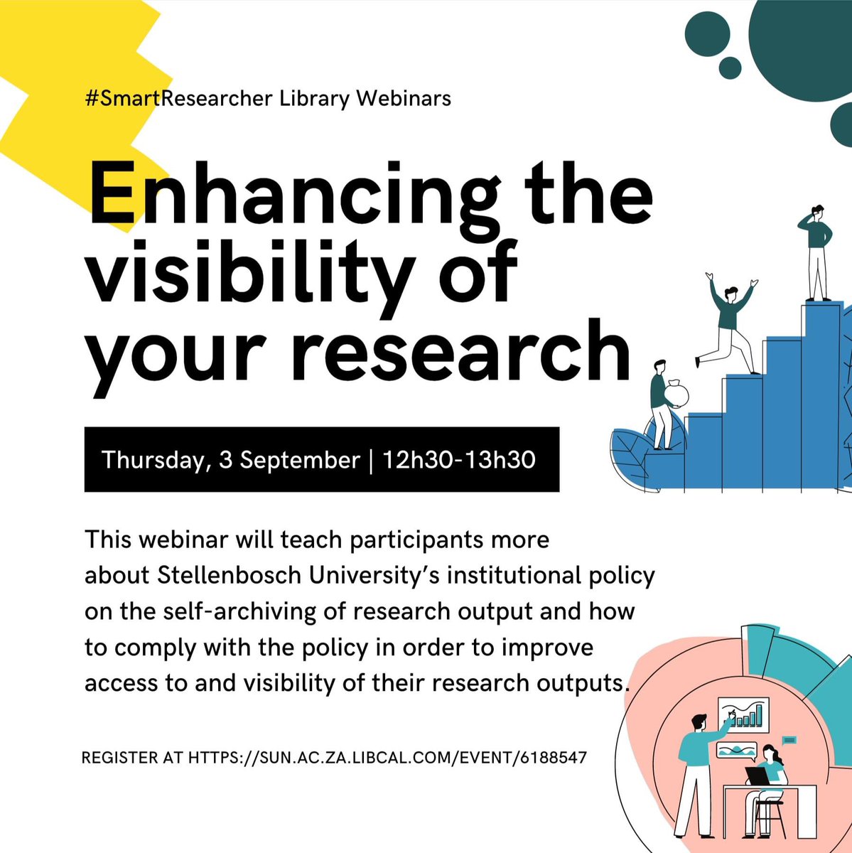 SuMBHG's tweet photo. #SmartResearcher
3 September | 12h30-13h30
This webinar will teach participants how to improve access to and visibility of their research using @StellenboschUni institutional policy on the self-archiving of research output.
To register visit: https://t.co/iQrAdfJLWs https://t.co/n9Fx5bQ6yP