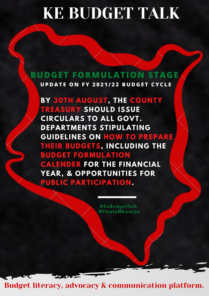 BudgeTalkGlobal's tweet image. The #BudgetFormulationStage for FY 2021/22 ideally should have begun on 30th August.
It is the last year for the sitting Govt., &amp;amp; therefore, the public should be on the lookout for #budgetImplementation &amp;amp; completion of projects as per the #CIDP.
#KeBudgetTalk
#FollowTheMoneyKe