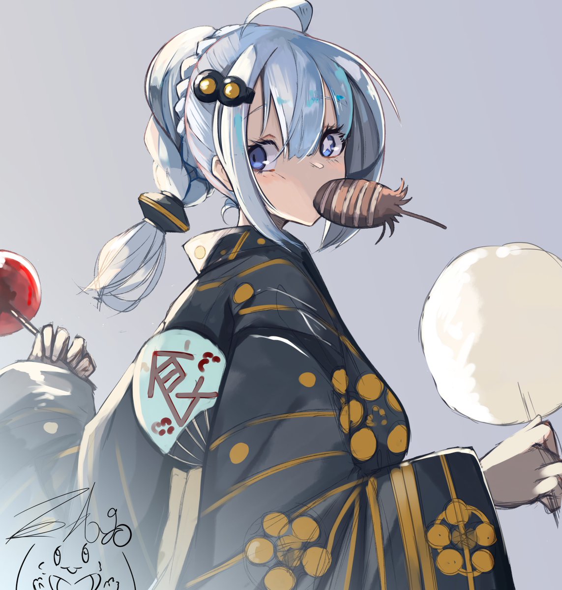 kizuna akari 1girl food japanese clothes solo braid kimono blue eyes  illustration images