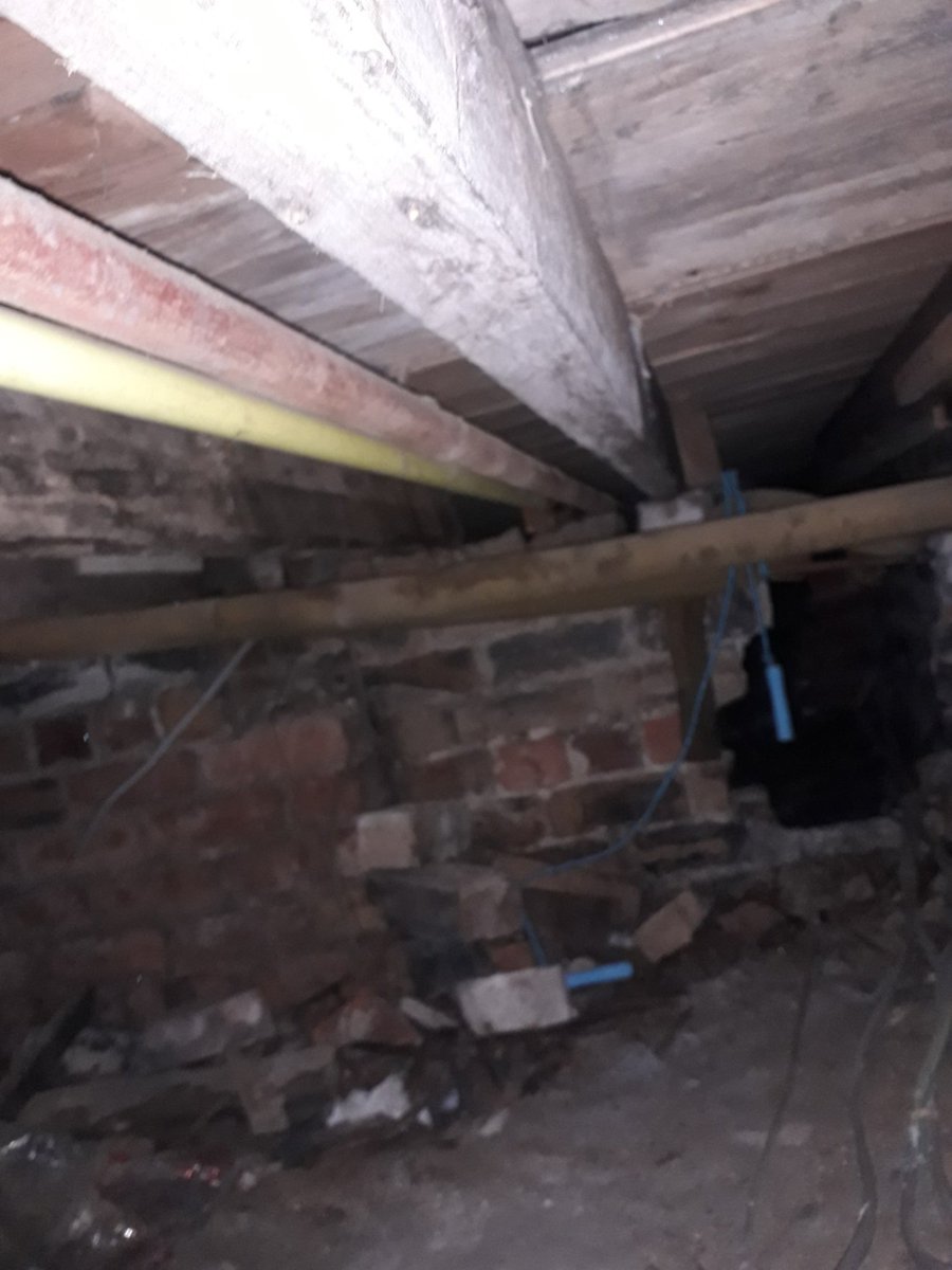 Crawling though the house's central supporting wall. (The solid wall in the middle of your house that holds it up).I've just stuck my arm down the hole under my stairs there's the supporting wall we have to crawl though.That blue is a skipping rope holding up wires and pipes...