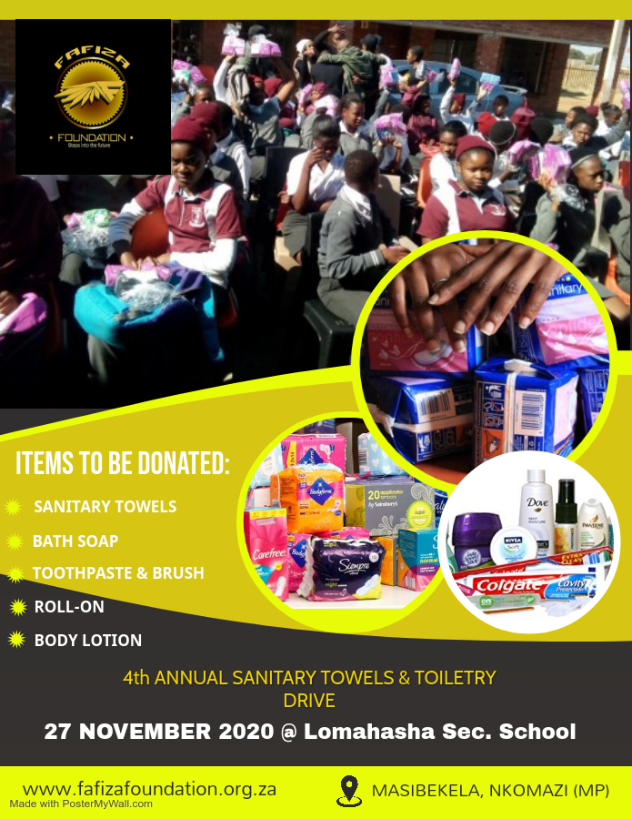 Fafiza_Charity's tweet photo. Good day family,

Fafiza Foundation Annual Sanitary Towels &amp; Toiletry Drive is upon us!
 Items to be donated:
#sanitarytowels
#bathsoap
#toothpaste
#toothbrush 
#RollOn
#bodylotion
For more information visit us @ https://t.co/sjU5YCEcD9 or email us at info@fafizafoundation.org.za https://t.co/ilWAm2YkW0