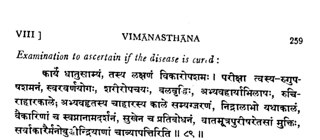 How we assess that "state of health" has been restored.1. Alleviation of pain2. Appearance of normal voice & complexion3. Increase in strength4. Desire to eat food5. Appetite for food during meal-time6. Proper digestion7. Proper elimination of wastes8. Happy awakening