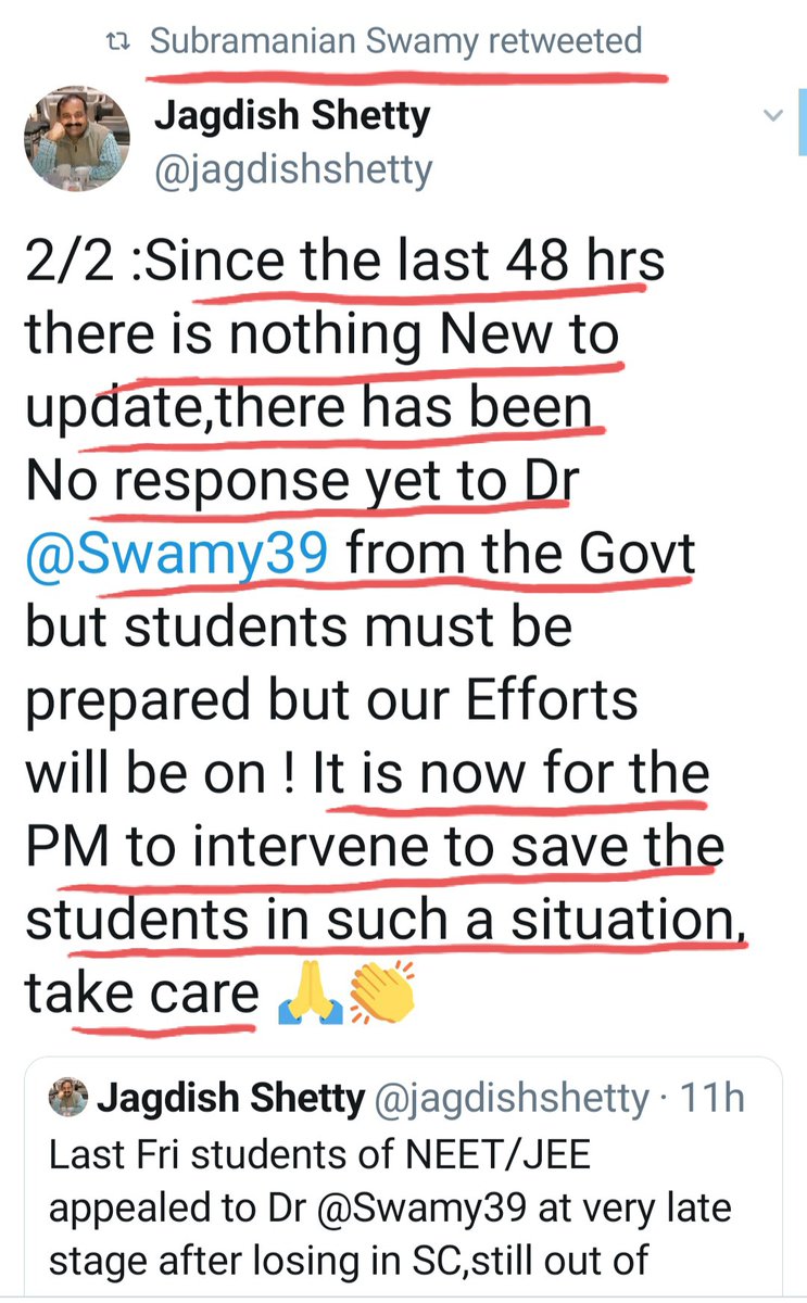 *MERCY PLEA*By end of 5th day, Swamy was distressed and needed a face saver from Modiji..*RESULT* Mercy plea rejected..National Testing Agency (NTA) reaffirms the earlier announced dates for  #JEE and  #NEET 13/25
