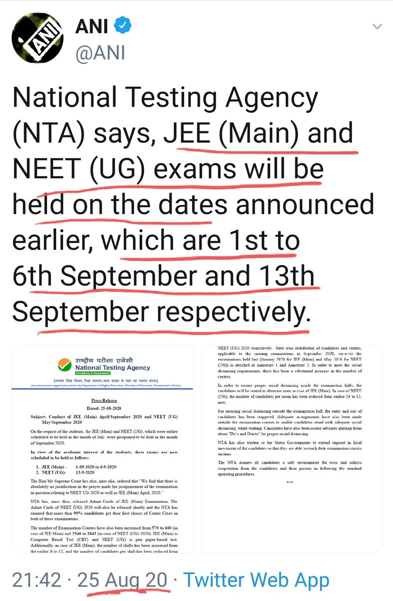 *MERCY PLEA*By end of 5th day, Swamy was distressed and needed a face saver from Modiji..*RESULT* Mercy plea rejected..National Testing Agency (NTA) reaffirms the earlier announced dates for  #JEE and  #NEET 13/25