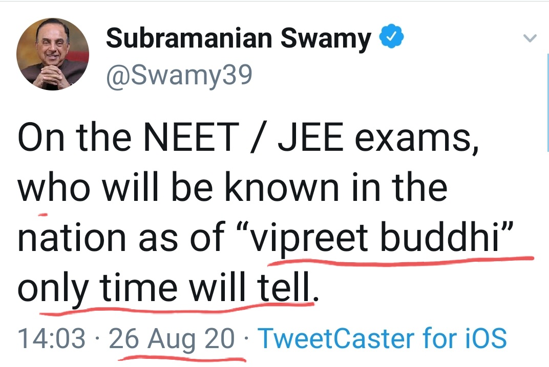 Angry with rejection of his mercy plea, Pendulum Swamy osscilates from exaperation to frustration.Complete lockdown was imposed in April/May..June onwards lockdown was gradually lifted..Exams were scheduled in September..Modi targetted nonetheless.*RESULT* No response.14/25