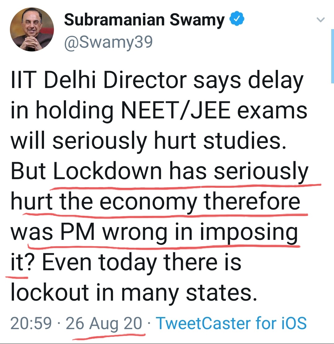 Angry with rejection of his mercy plea, Pendulum Swamy osscilates from exaperation to frustration.Complete lockdown was imposed in April/May..June onwards lockdown was gradually lifted..Exams were scheduled in September..Modi targetted nonetheless.*RESULT* No response.14/25