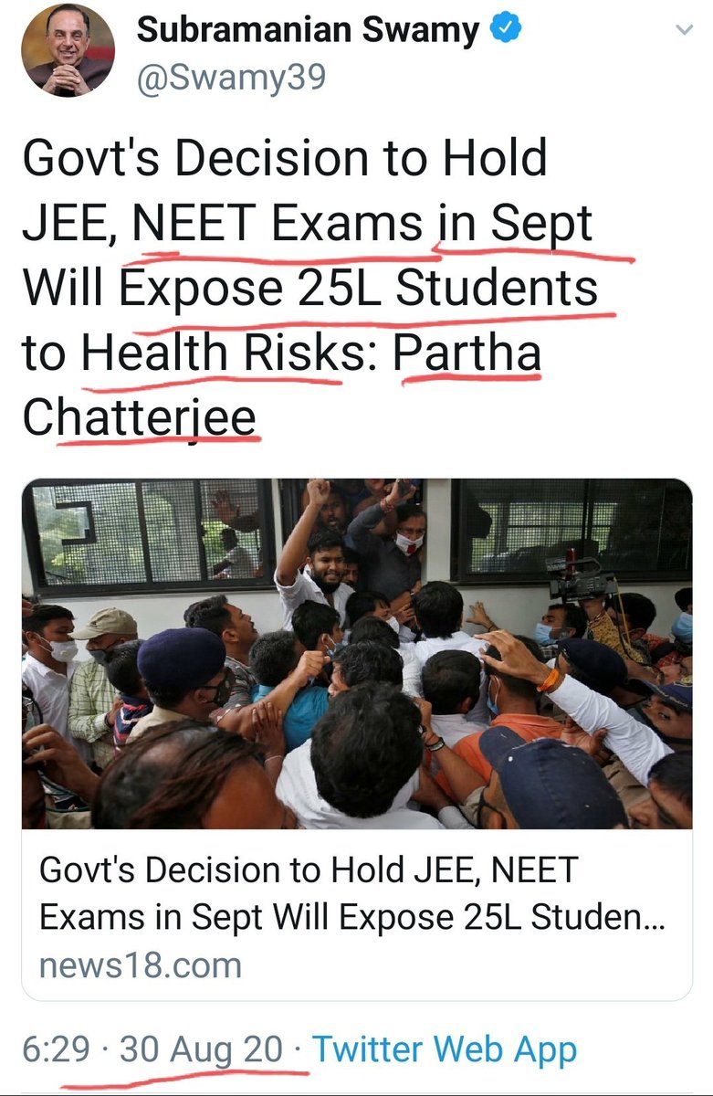 *FEAR MONGERING*To create fear in the minds of the candidates, Swamy shared an article authored by Partha Chaterjee, Education minister of West Bengal..This article, claimed that all 25 lakh students appearing for  #JEE  #NEET were exposed to corona virus infection..This +18/25