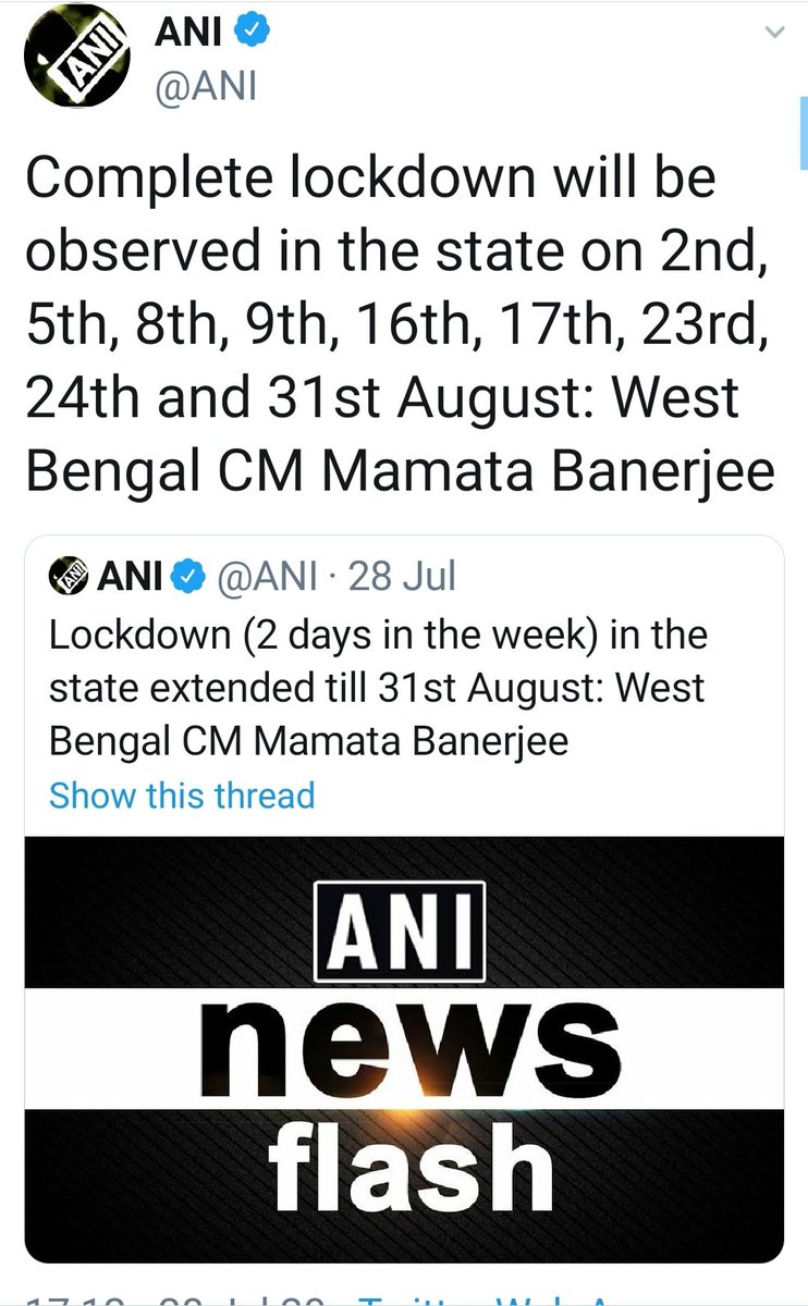 + lock down..Dates of lock down were changed upon demand of certain community's festivals.Being a MP from BJP, Swamy should have asked Partha Chaterjee, why govt in WB was putting the lives of its 10 crore people to risk by allowing people to roam freely for 5 days a week?21/25