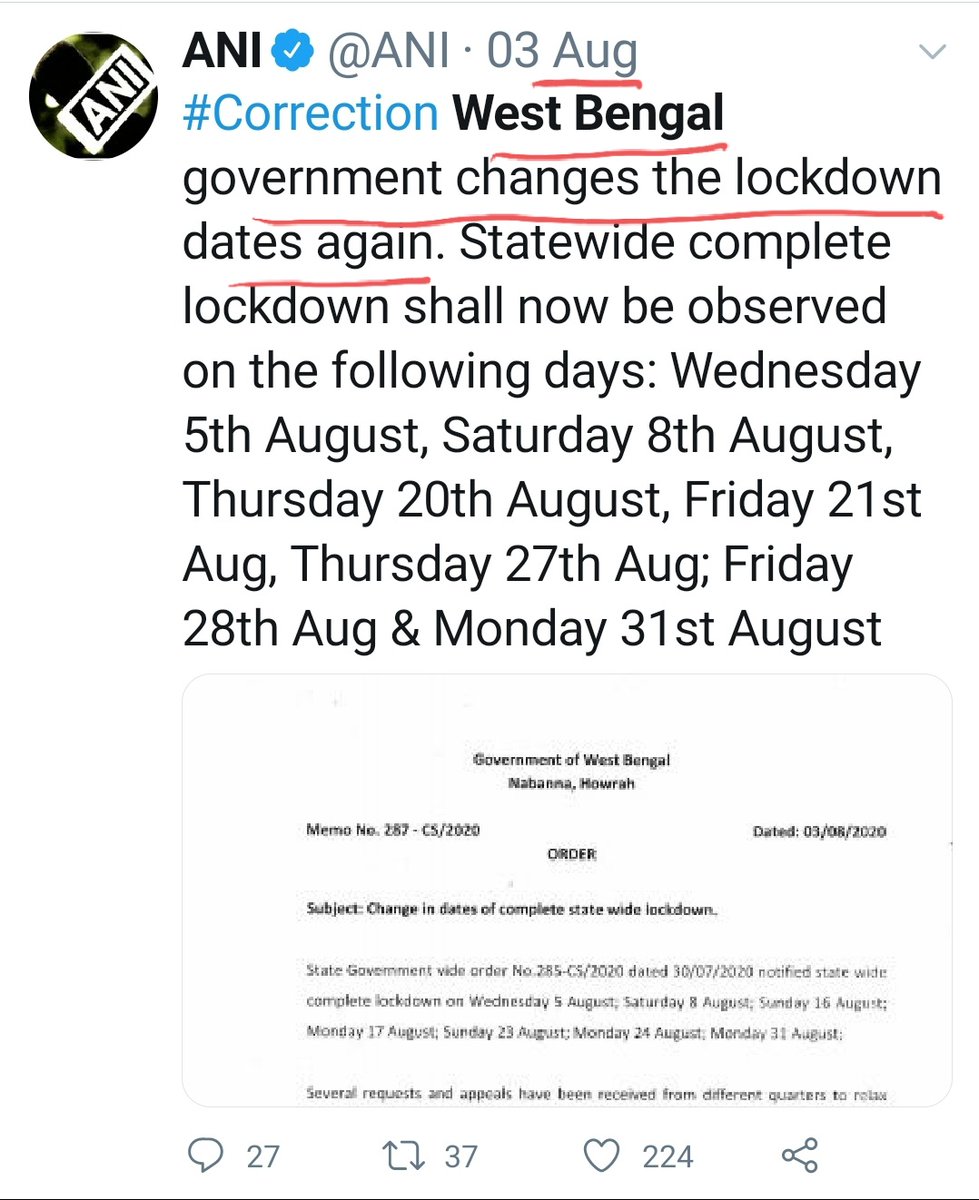 + lock down..Dates of lock down were changed upon demand of certain community's festivals.Being a MP from BJP, Swamy should have asked Partha Chaterjee, why govt in WB was putting the lives of its 10 crore people to risk by allowing people to roam freely for 5 days a week?21/25