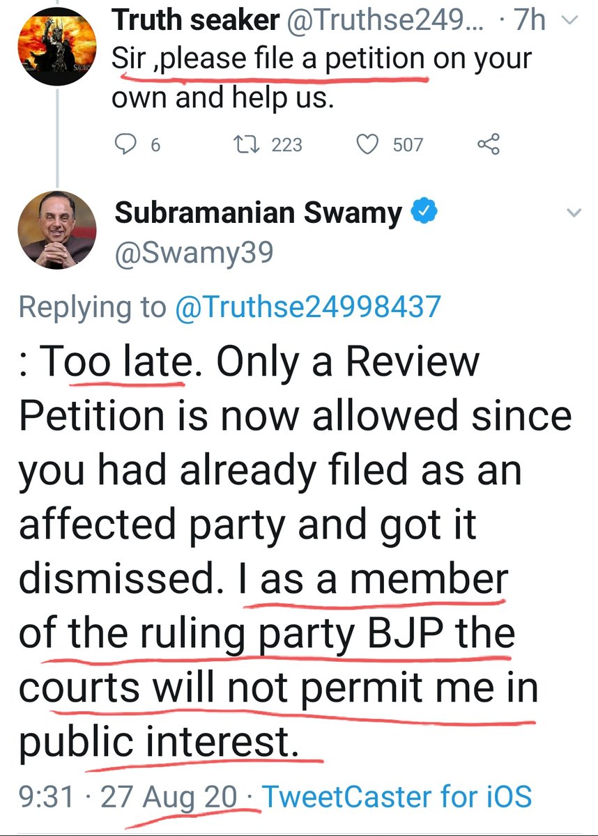 On 27th August, a student requested Swamy to file a petition on their behalf. Swamy expressed his helpness because, court would not allow him to as he is a member of BJP.On 1st Sept,he claimed that he was unable to file a PIL because none of the affected persons asked him.25/25