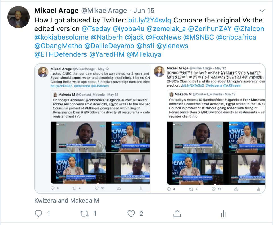 I've stopped using Twitter — which abused dozens of Ethiopians advocating for equitability intellectually — temporarily due to the hybrid(occasional) and systematic abuse by the company. Eg : bit.ly/2Y4svlq We'll use all legal options on the table againest this disorder.