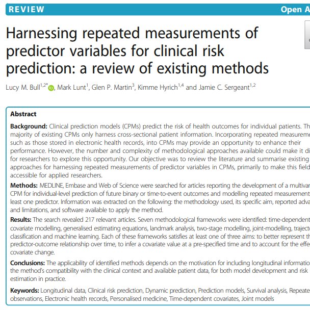 NEW(-ish) PAPEREver wanted to harness repeatedly-measured predictors within a clinical prediction model but found the existing literature overwhelming? Look no further, our recent methodological review can help!  #epitwitter  #statstwitter  #phdchat  #epidemiology