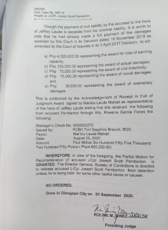 LOOK: Olongapo court's ruling granting US marine Joseph Scott Pemberton his Good Conduct Time Allowance and ordering BuCor to release him. Court says with GCTA, Pemberton has served 10 years 1 month and 10 days (only 6 years served in actual).  @rapplerdotcom