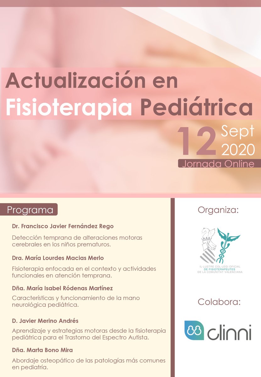 📢 Jornada "Actualización en #Fisioterapia #Pediátrica"

Anota en tu agenda: el próximo 12 de septiembre, el 
<a href="/Icofcv/">CFisioterapeutasCV</a> organiza la #JFisioPediatricaON20, que abordará patologías y tratamiento de los #niños en el escenario actual. <a href="/ClinniApp/">Clinni</a>

Ponentes🔝
💻 Online y acceso gratuito