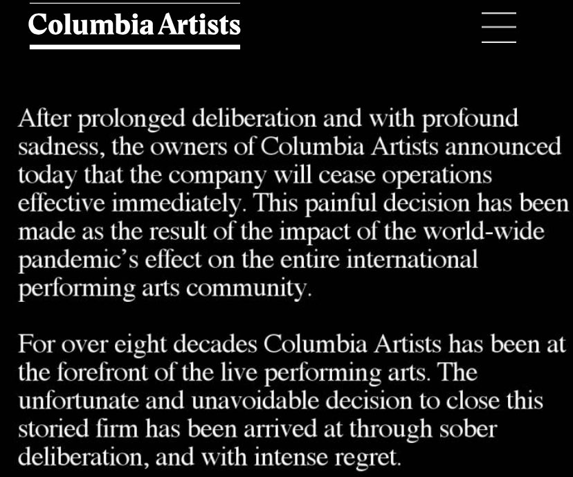 Christoph Kahlert One Of The Great Houses Of The Performing Arts Industry Closes Columbia Artists Once A Fine Address For Impresarios And Incredible Artists My Deepest Sympathies With All