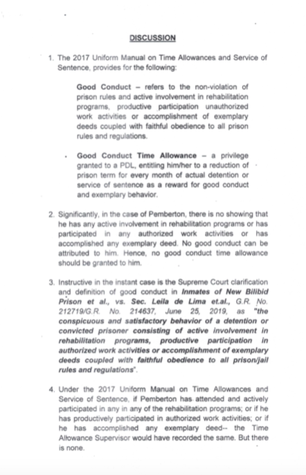 Which also raises the question – how can Pemberton avail of GCTA credits if there is no 2020 uniform manual yet? In the Laude family's appeal, they point out that there is no record of Pemberton's good conduct or participation in rehabilitation activities.