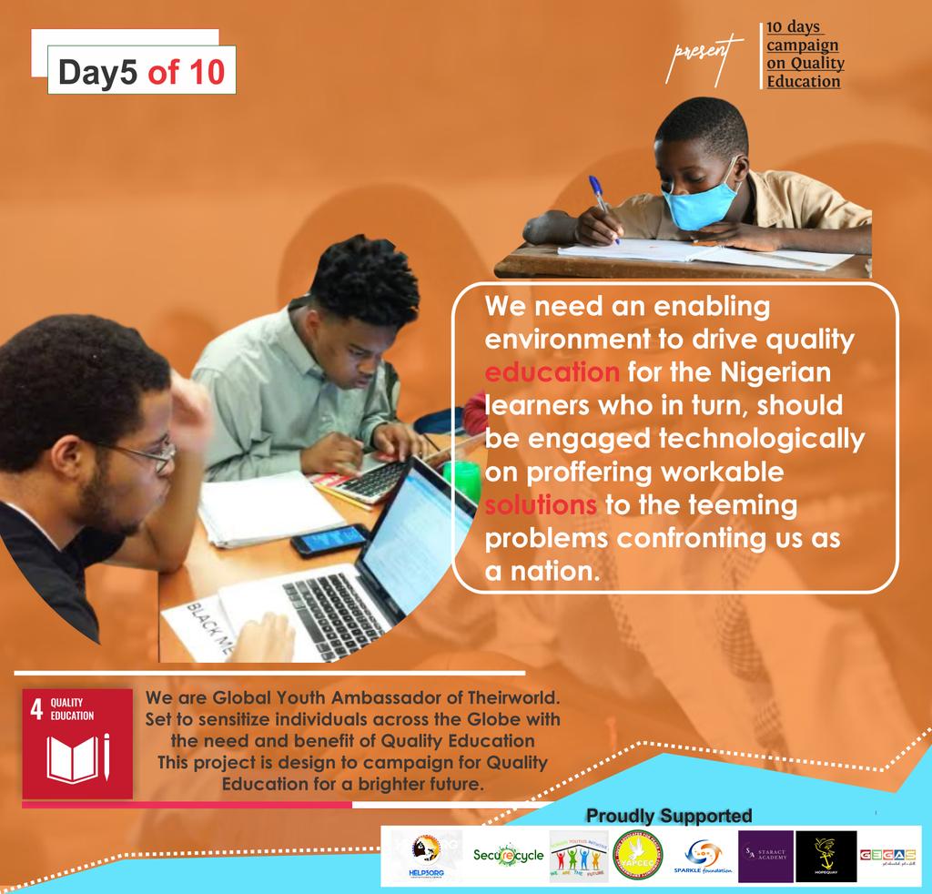 Sarafacdi's tweet photo. Day 5
We need an enabling environment to drive quality education for the Nigerian learners who in turn, should be engaged technologically on proffering workable solutions to the teeming problems confronting us as a nation.
#chikaonyinye
#WriteThewrong
#Theirworld
#securecycle https://t.co/uinL2mMvud