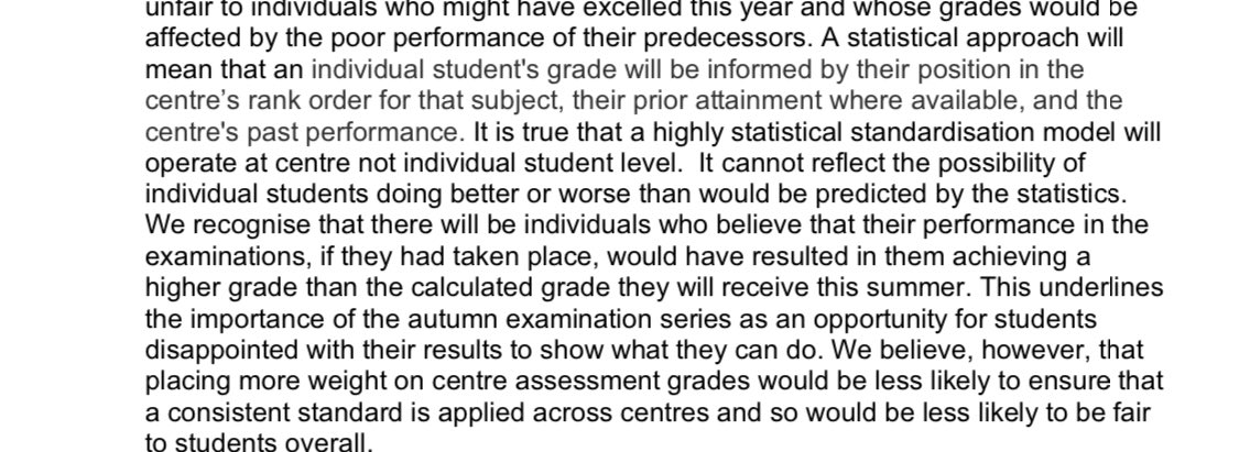 JMMills9's tweet photo. It’s been there all along - the unfairness was built into the system and Ofqual knew from the outset. The refusal to allow for appeals went against the replies to their own consultation process  #ofqual #alevels2020 #alevelshambles #educationselectcommittee https://t.co/1Lf623XCZ6