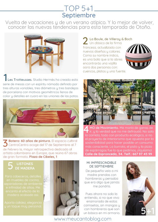 Con el inicio de cada mes, os traigo mi TOP 5+1. A pesar de ser un verano diferente, siempre hay cosas y lugares nuevos por descubrir.

Para #septiembre os traigo nuevas tendencias de cara al #otoño que está a punto de llegar.

👉 bit.ly/2DkiSaE

#deco #diseño #Madrid