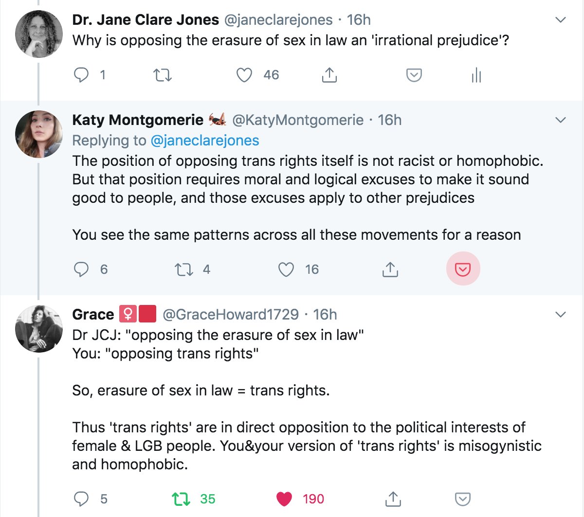 answer was forthcoming which didn't immediately translate back into the language of being anti-trans, or opposing trans rights, or being prejudiced against trans people.Which led to this exchange.