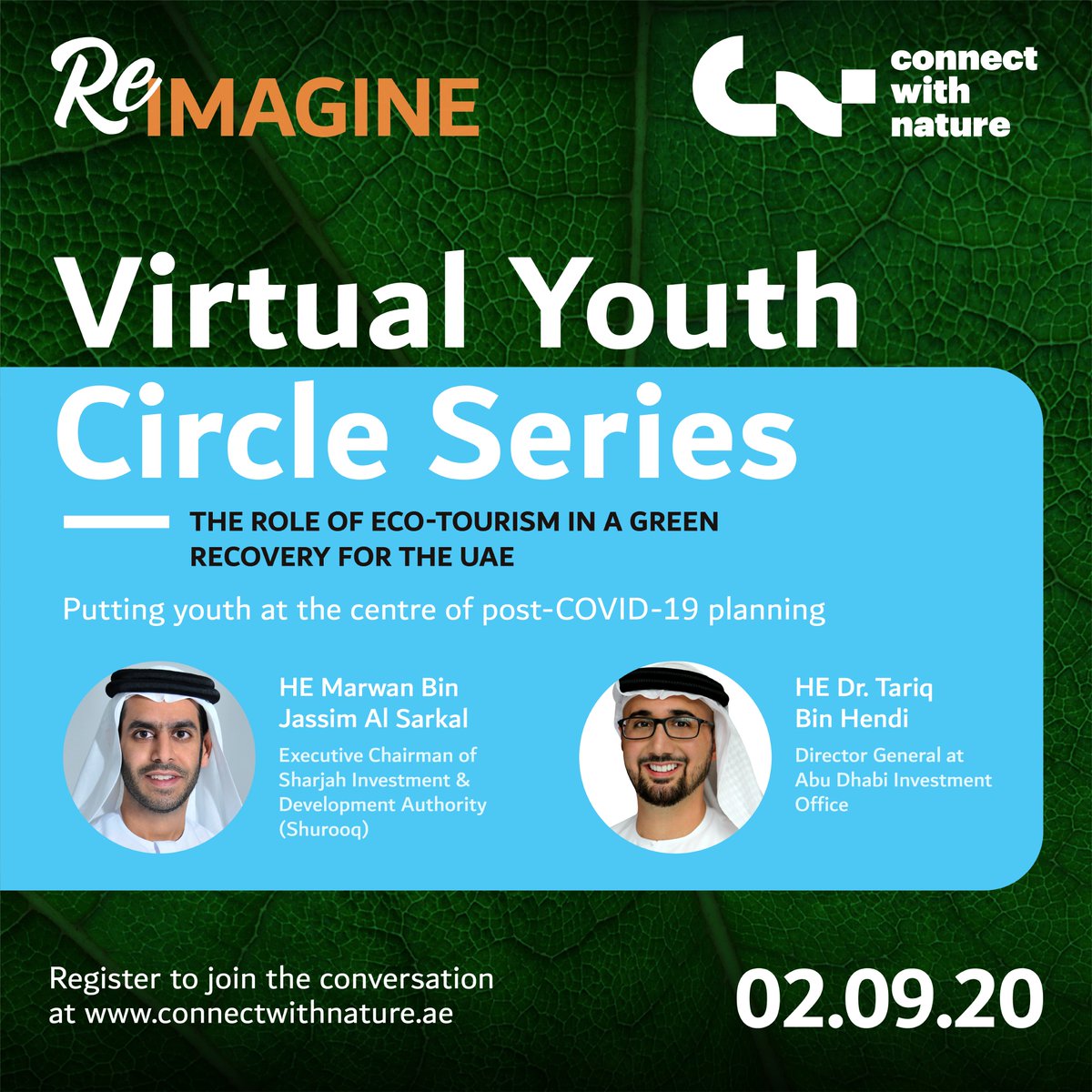 We're going live today at 4:30pm for our next #YouthCircle  to discuss “The Role of Eco-tourism in a Green Recovery for the UAE" with our amazing guest speakers &amp; #UAEyouth. To Register 👉bit.ly/31DAkQF