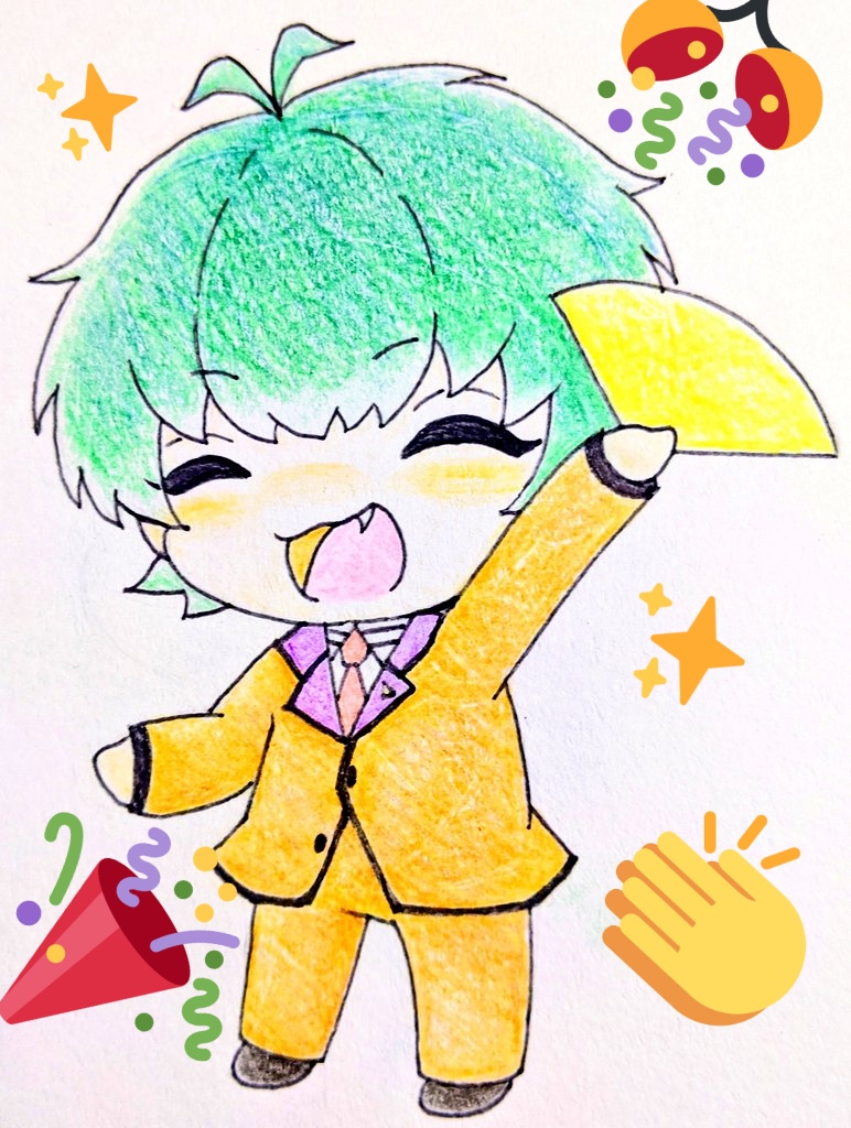 solo 1boy male focus closed eyes green hair chibi fang  illustration images