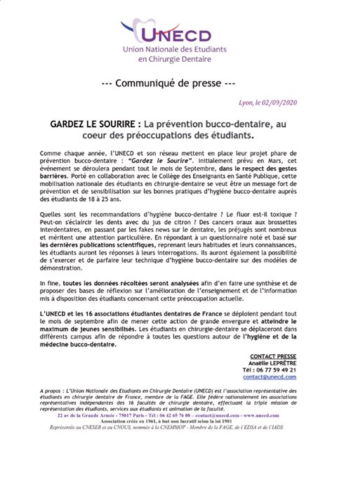 UNECD's tweet photo. #GardezleSourire2020 | Les étudiants en #odontologie forment les jeunes à la #prévention buccodentaire au sein des #facultés ce mois ci. L' @UNECD et son réseau se mobilisent pour une meilleure santé orale des #étudiants. 
➡️ Rdv à nos stands, dans le respect des #gestesbarrieres https://t.co/xyJWtqjOJF