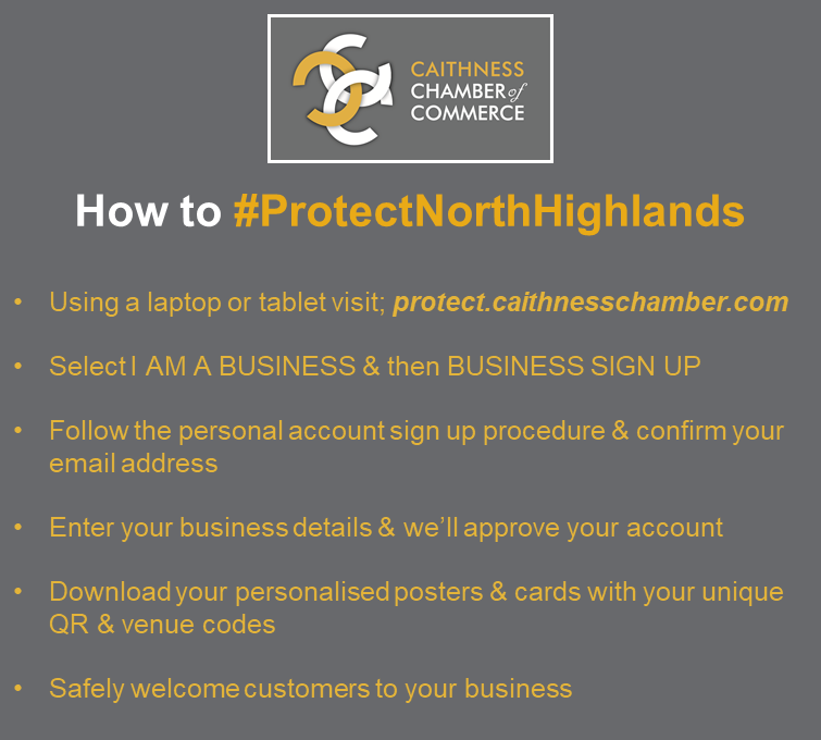 CaithnessCoC's tweet photo. The #protectnorthhighlands service is available FREE to all businesses in #Caithness &amp; #Sutherland NOW. It offers a hassle free way to collect mandatory test &amp; protect data in line with @scotgov regulations. 
Signing up is straightforward, just follow the instructions below 👇 https://t.co/KvVaszm1Wk