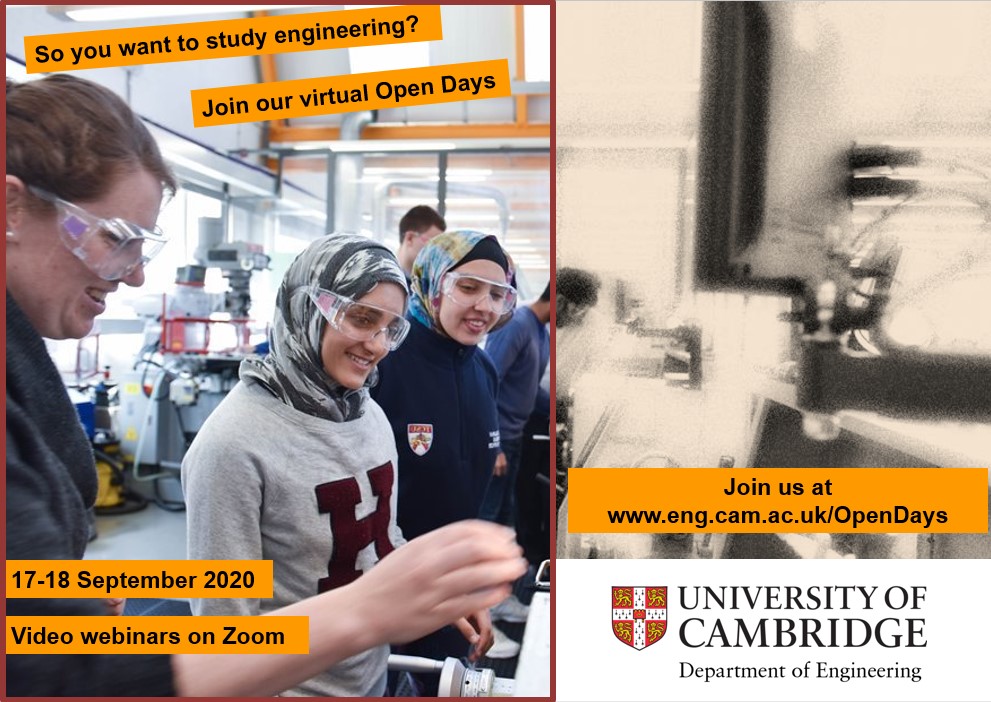 We're gearing up for our next Virtual Open Days on 17-18 September!

Aimed at prospective applicants in #Year13 (or equivalent), join us for a webinar featuring a panel of academics. Each of our webinars will contain a Q+A session. 
👇
eng.cam.ac.uk/news/join-our-…

#CambridgeOpenDays
