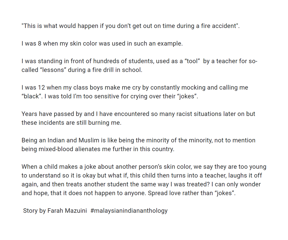 msianindian's tweet photo. "I was 8 when my skin color was used as an example of what would happen if you don’t get out on time during a fire accident."

 Story by Farah Mazuini  #malaysianindiananthology https://t.co/K5URyZAWOX