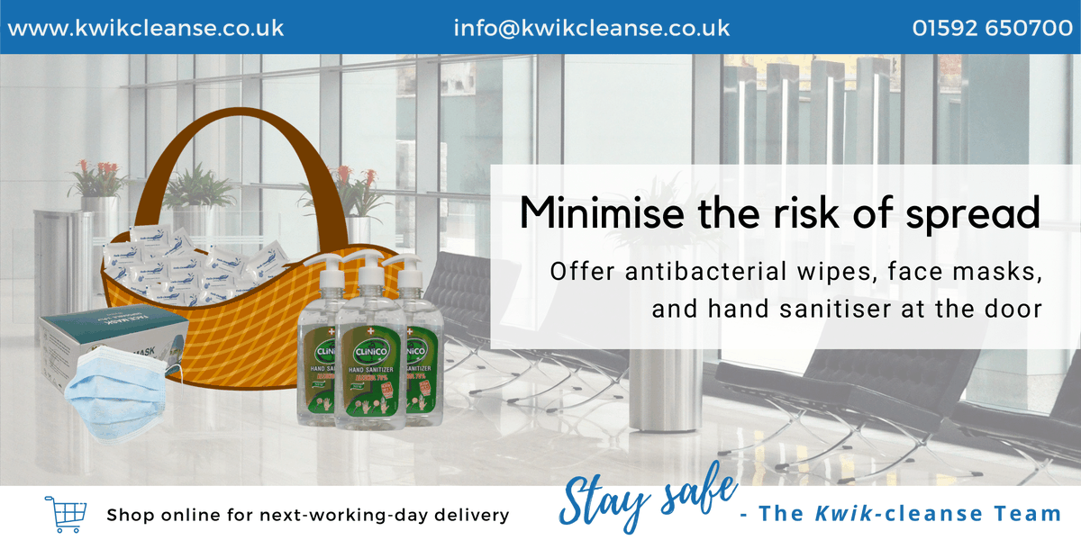 KwikCleanse's tweet photo. Offering antibacterial wipes, face masks &amp; hand sanitiser at the door before customers and staff come in can help keep everyone safe. Order online for next day delivery: https://t.co/0dGmsgLb8M.

#EatOutToHelpOut #backtowork #reopening #GBmfg #ukmanufacturing #SMEUK #UKHashtags https://t.co/b2u0XcLNsy
