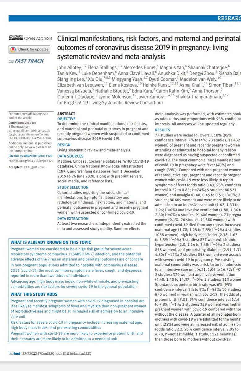 Living systematic review on #COVID19 and pregnancy clinical manifestations and risk factors published in BMJ yesterday. Pregnant women are less likely to present with symptoms and more likely to be admitted to ICU. #CIBERESP #Hospitalramonycajal #uniofbirmingham #WHO