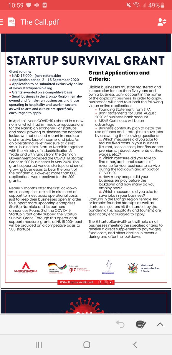 No one should be left behind: Ministry of Industrialisation &amp; Trade and partners launch the StartUp Survival Grant which will provide N$15 000 to 500 start-ups affected by COVID-19. For more info, watch this video or e-mail 
covid19@startupnam.org: m.youtube.com/watch?v=DgNl5W…