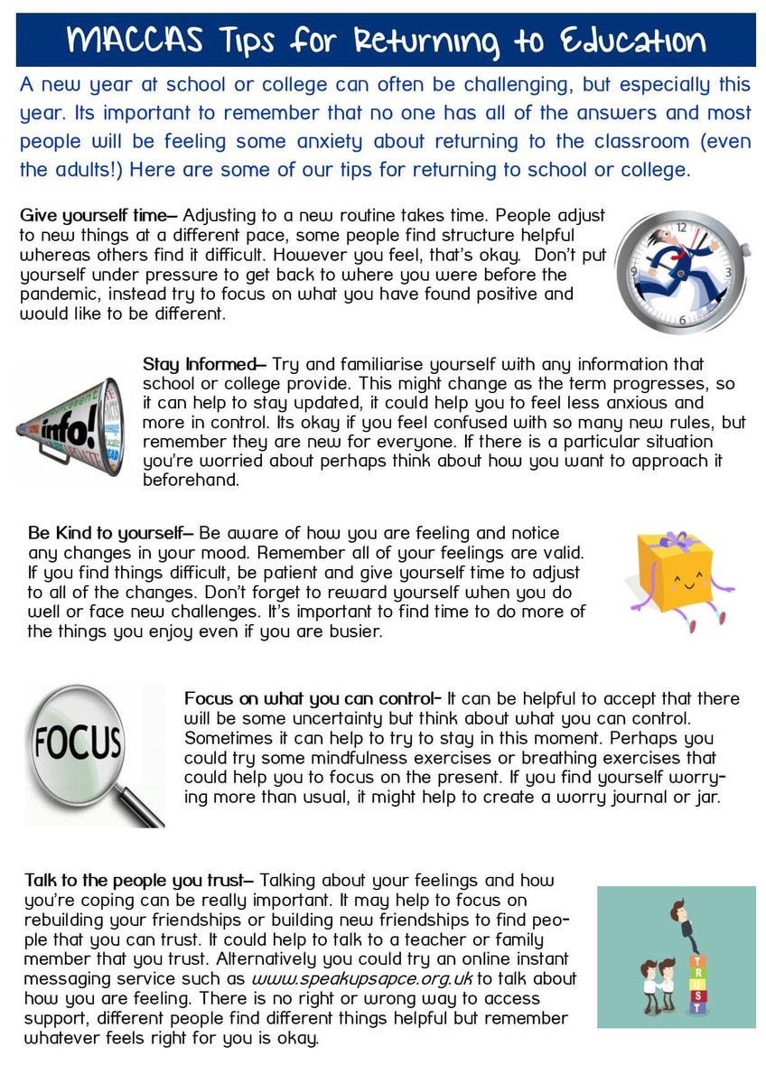 maccasproject's tweet photo. Many of you will be returning to school or college this week or you may be starting somewhere new. Below you will find some tips that might help you or someone you know. Let us know what has helped you as you return to education. #ypmentalhealth #mentalhealth #mind https://t.co/hHSfIA8tPK