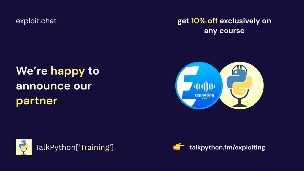 tejakkuntla's tweet image. We made a step forward with the amazing support from Talk Python Training, Making their voice audible to the millions out there.
Listen to @mkennedy 's thought process behind @TalkPython Podcast
exploit.chat/ep9
#python #programming #talkpython