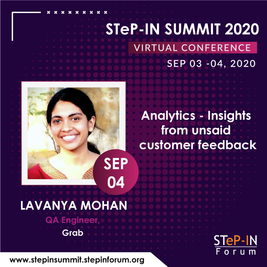 stepin_forum's tweet photo. Our parallel sessions are on the way.

This one is being given by someone who is highly respected by everyone, @LavanyaMohan210, QA Engineer, Grab.

Her topic - ANALYTICS - INSIGHTS FROM UNSAID CUSTOMER FEEDBACK

#stepinsummit2020 #summit2020 #speaker https://t.co/FfK0PXuSfj