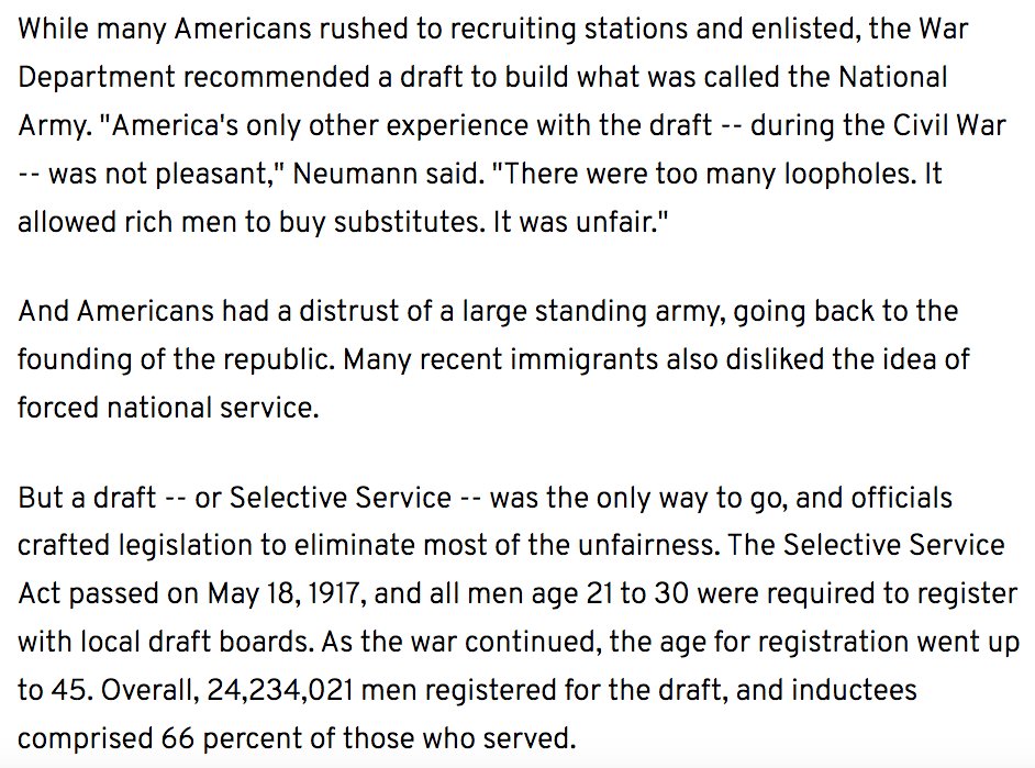 113) The United States declared war in April 1917, and the U.S. military subsequently passed the Selective Service Act to raise a national army. They conducted a draft requiring all men age 21 to 30 to register with local draft boards. https://www.army.mil/article/185229/world_war_i_building_the_american_military