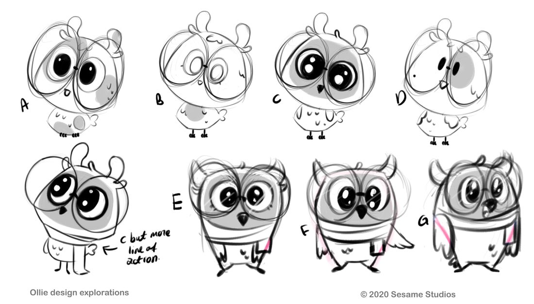 Here are some the drawings I did while collaborating with my peers and Sesame Studios. Our team worked on a concept about a baby owl (Ollie) who wears glasses, loves shooting stars and his grandpa.??