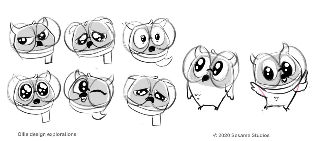 Here are some the drawings I did while collaborating with my peers and Sesame Studios. Our team worked on a concept about a baby owl (Ollie) who wears glasses, loves shooting stars and his grandpa.?? 