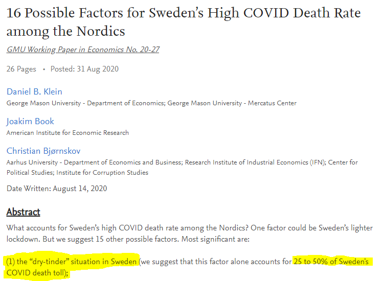 But excess deaths from March to July don't tell the whole story.Besides deaths caused by lockdown, we should also account for the "dry tinder" theory. Not a name I approve of.This says that a mild winter/flu season leaves more people vulnerable to the next one. E.g. Sweden: